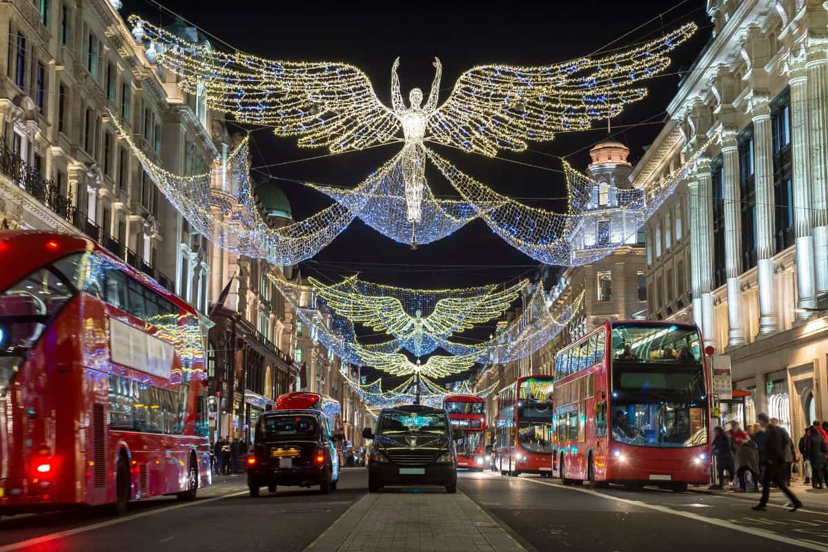 London street illuminated with Christmas lights